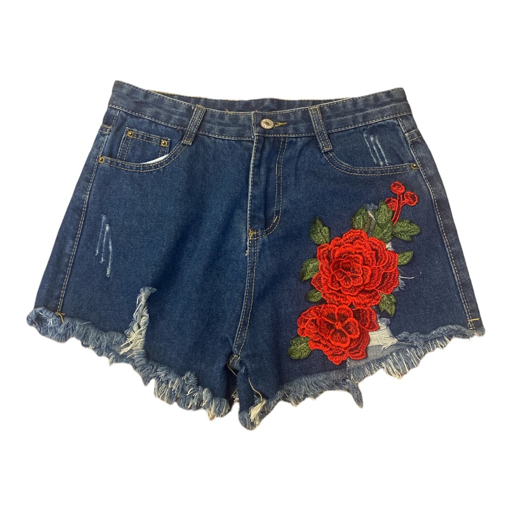 Vintage 1990’s Ultra Short High Rise Demin Shorts with Flower Appliqué, 28”